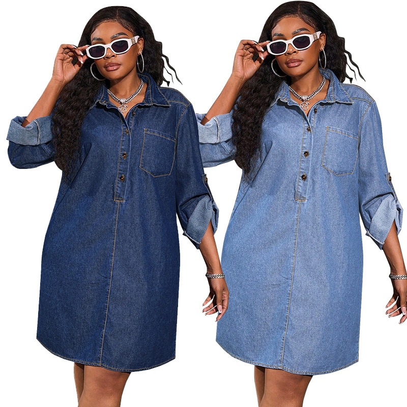 European and American Cross-Border Amazon Direct Sales Denim Women's Loose Fashion New Style Denim Long-Sleeved Casual Retro Dress
