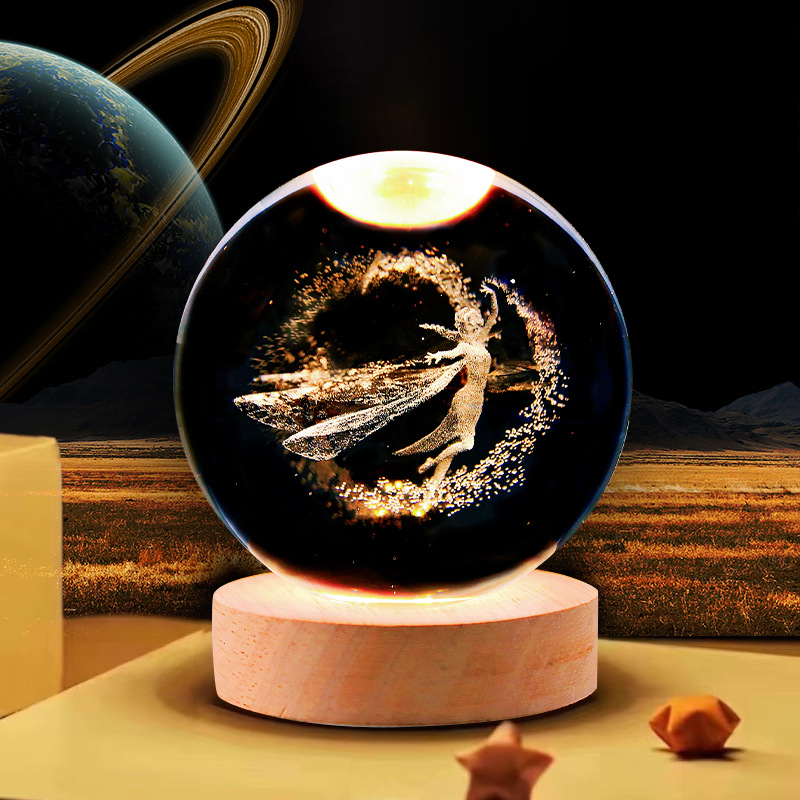 Bola de cristal luminosa grabada con láser, recargable por USB, luz nocturna, adorno para dormitorio, regalo navideño para niñas