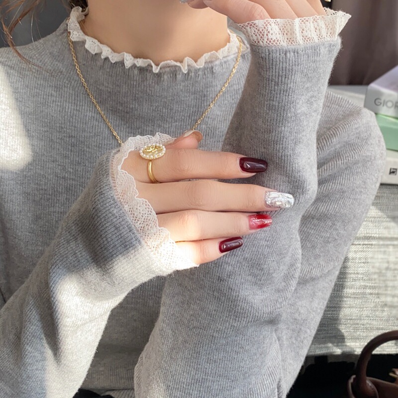 Gray Lace Bottoming Shirt for Women in Early Autum with 2025 New High-Bottom Black Top Half Turtleneck Sweater