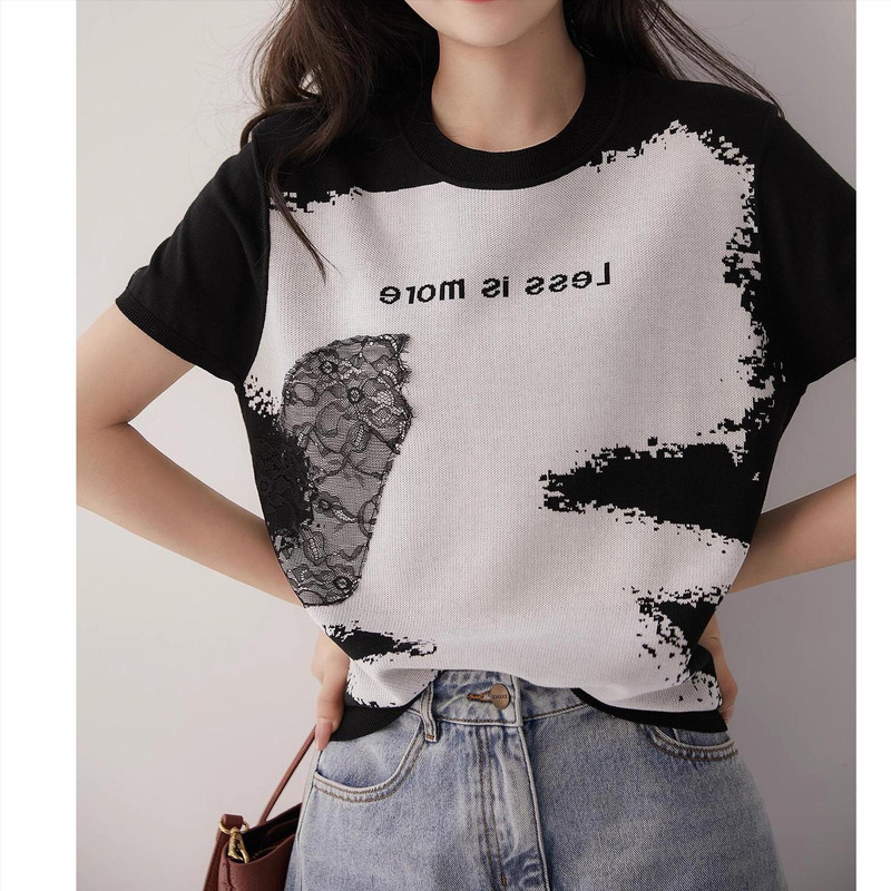 [Van Gogh in Dreams] Black and White Jacquard Lyocell Tencel Knitted Top for Women