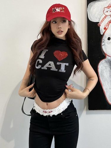 260g Modal Viscose Heart Letter Embroidered Rhinestones Half High Collar Short Sleeve Women's T-Shirt Slim Fit Short Top Fashion