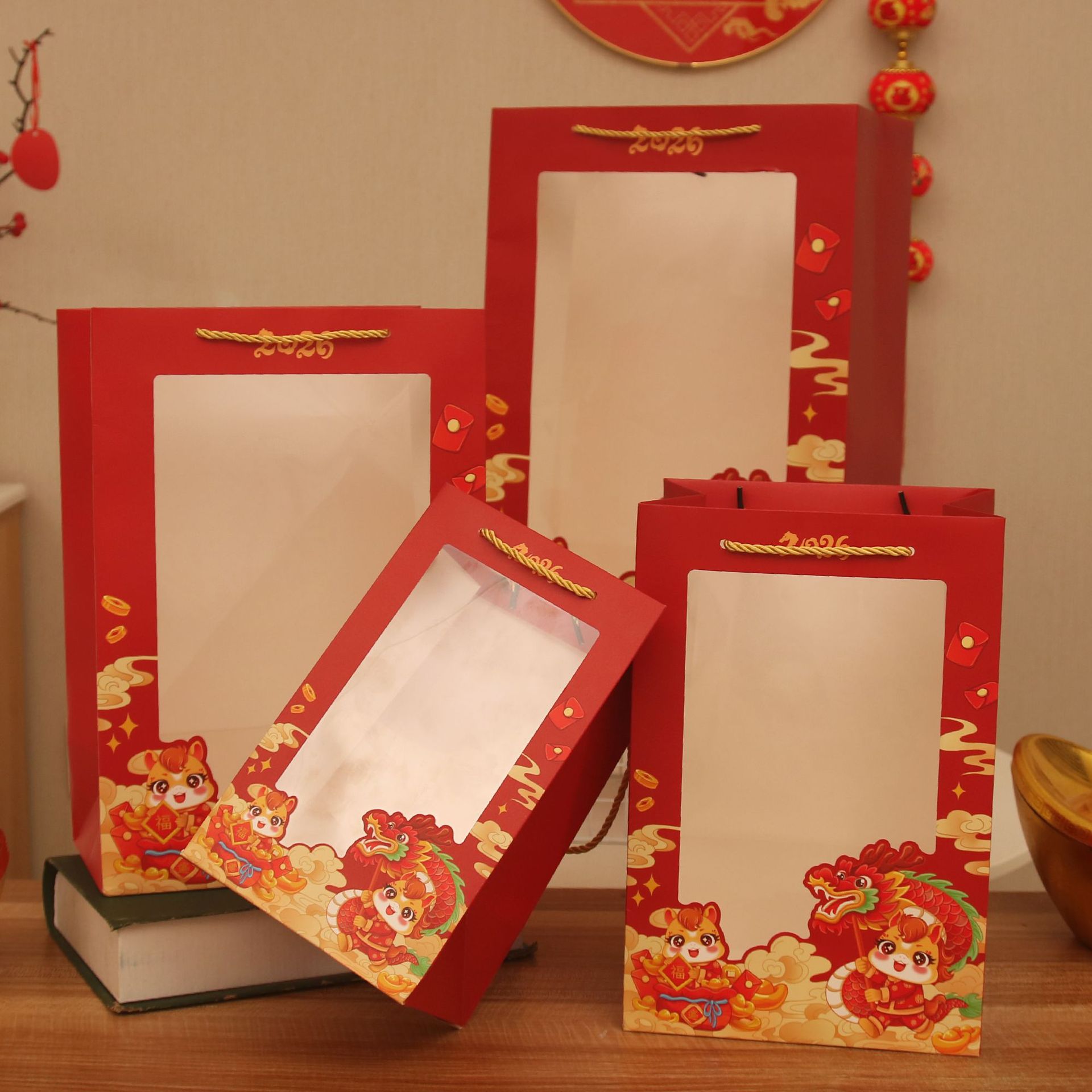 2026 New Year Year of the Horse Spring Festival Festive Handbag Transparent Window Gift Bag Red Company Event Gift Box