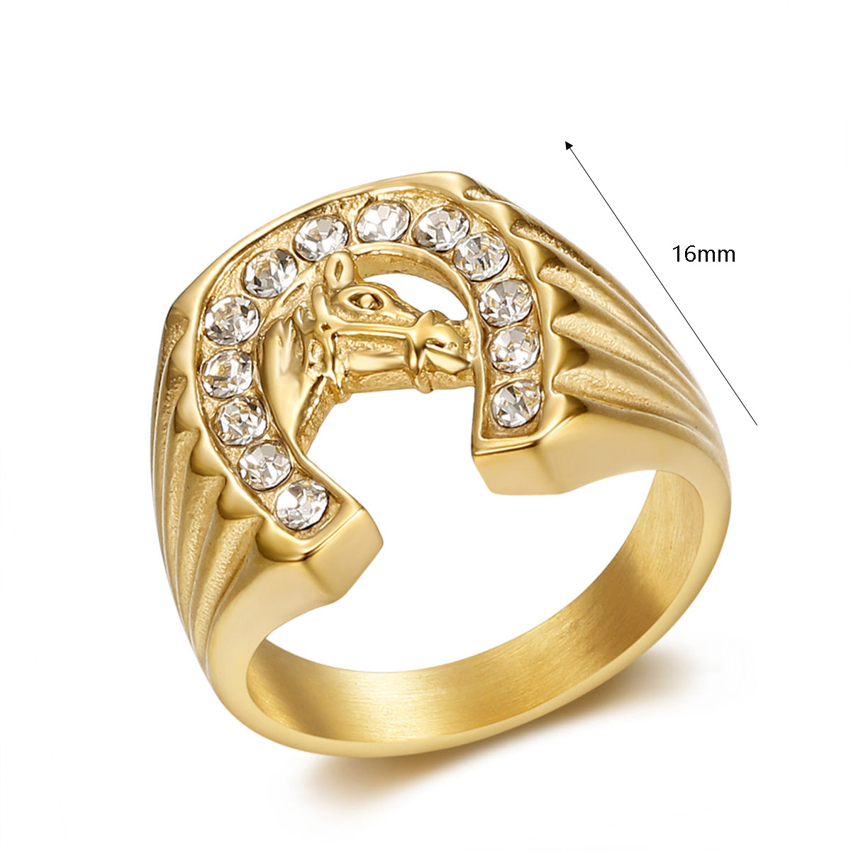 15g Weight Hip-Hop Horse Titanium Steel Plating Inlay Rhinestones 18K Gold Plated Men's Rings
