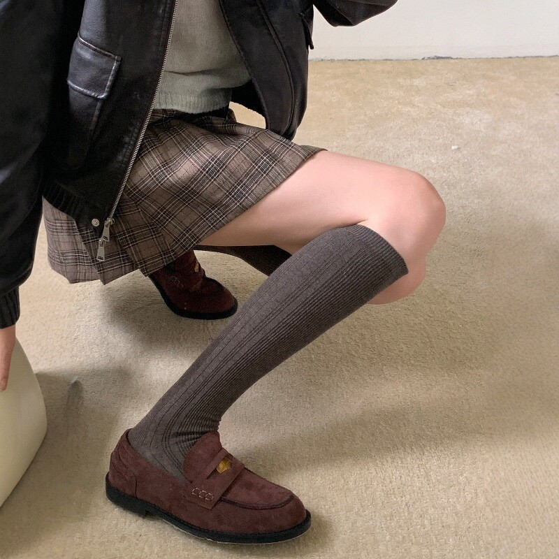 秋冬季新款不规则比例小腿袜子女高筒袜子纯色竖条无骨显瘦堆堆袜|undefined