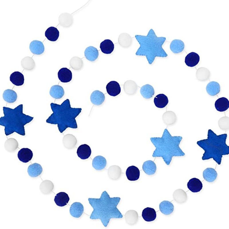 Hanukkah Felt Banner Hexagonal Star Garland Blue and White Felt Pom-Pom Party Decoration Hanging Flag Handmade Holiday Atmosphere