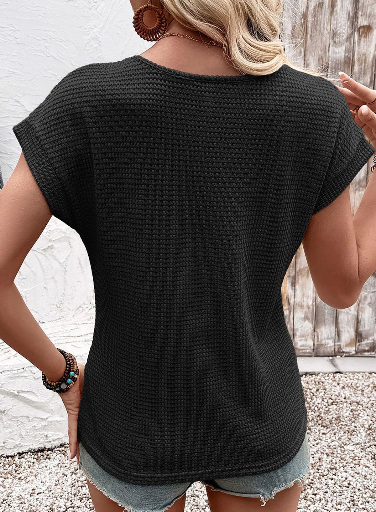 Summer Women's Round Neck T-Shirt Lace Hollow Out Short Sleeve Waffle Knit American Style New_ecoleips.com