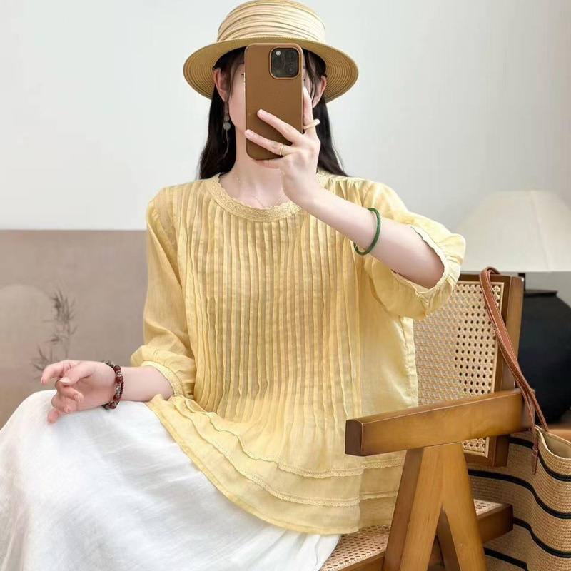 New Ramie Five-Quarter Sleeve Summer Shirt for Women, Pleated Pure Lazy Style Lace Shirt with Back Opening New Ramie Five-Quarter Sleeve Summer Shirt for Women, Pleated Pure Lazy Style Lace Shirt with Back Opening
