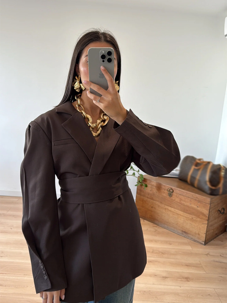 Chaqueta de Traje con Cinturón de Poliéster con Solapa y Manga Larga