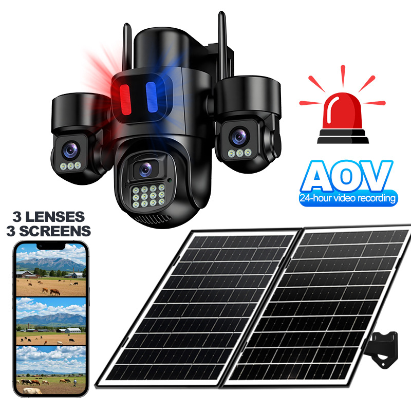 HiEasy alerta de tres lentes cámara de vigilancia solar HD al aire libre visión nocturna de largo alcance cámara AOV 4G