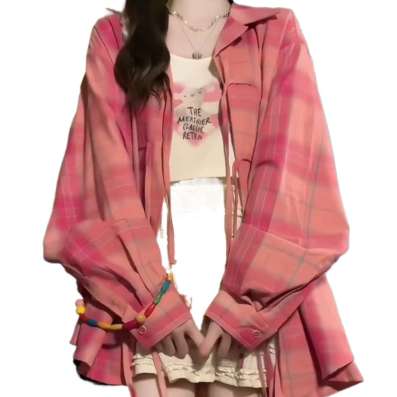 핑크 도파민 격자 무늬 긴 소매 셔츠 2024 새로운 여성 가을 홍콩 스타일 빈티지 세련된 스트랩 셔츠 재킷
