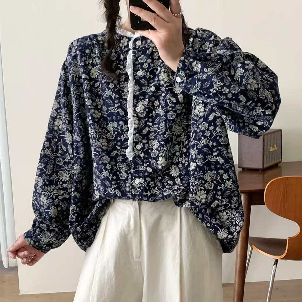 日系碎花花边衬衫上衣秋冬宽松大码文艺森系复古衬衣女装