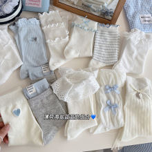 春夏新品韩系白蓝色夏季薄袜子棉中筒袜蝴蝶结刺绣女袜甜美棉袜子