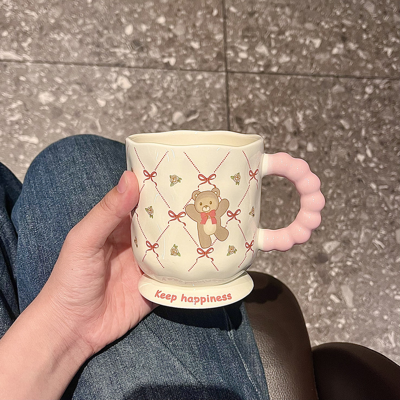可爱卡通小熊马克杯带盖勺杯子高颜值家用陶瓷水杯生日礼物送女生|undefined