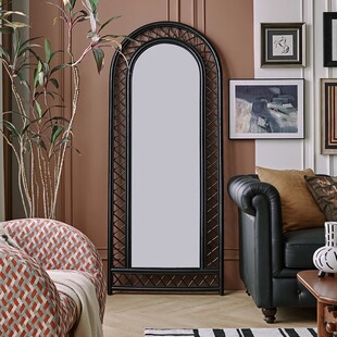 French Retro Black Rattan Full-body Mirror Homestay Hotel Dressed Mirror Home Bedroom Cloakroom Cloakroom Mirror