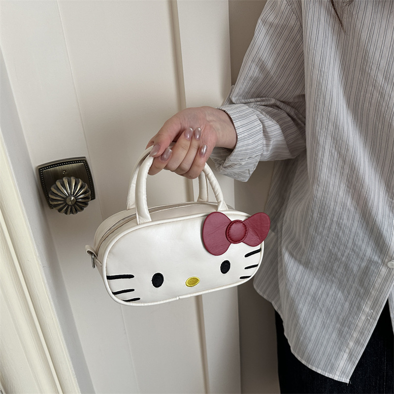潮流卡通猫咪百搭手提包女个性休闲复古油亮皮春季新款斜挎包