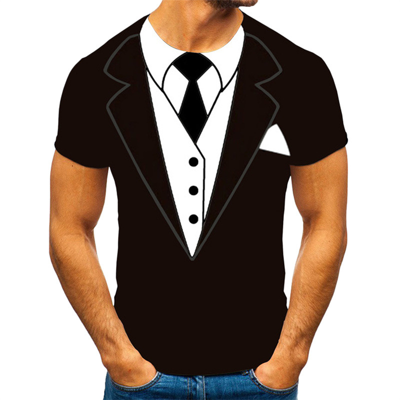 Camiseta de los hombres europeos y americanos traje de moda falso dos piezas 3D impresión de los hombres Slim Top Fuente de fábrica en stock al por mayor