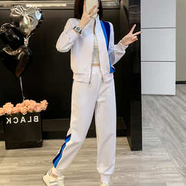 秋季新款一整套穿搭女2023年休闲线条拉链开衫立领长袖外套套装女