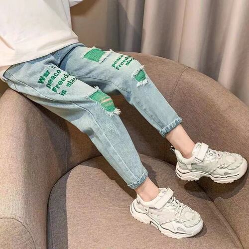 Girls' Denim Jeans 2024 Spring and Autumn New Korean Style Children's Stylish and Trendy Hole-punched Long Pants for Older Children Loose Pants