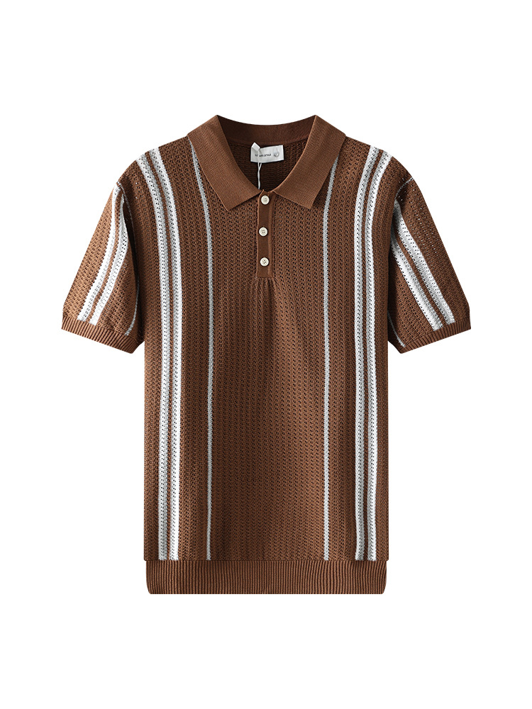 Vintage americano para hombres con rayas contrastantes de punto polo de hielo para hombres lujo ligero camiseta de lujo de alto nivel para hombres