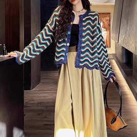 韩国东大门撞色条纹针织开衫开衫间色拼接条纹