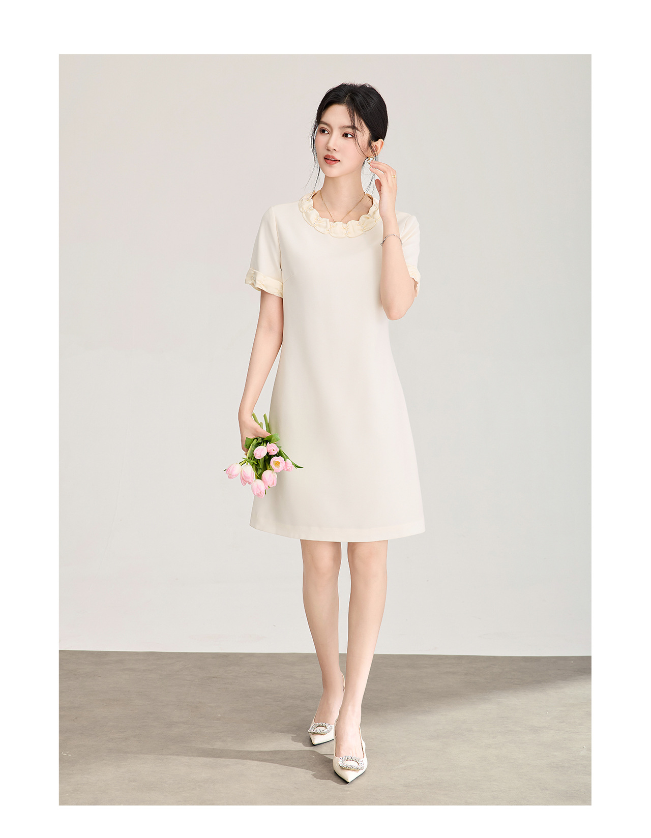 Đầm suông midi cổ điển Pháp đính cườm, phối màu tương phản — màu đen chi tiết 12