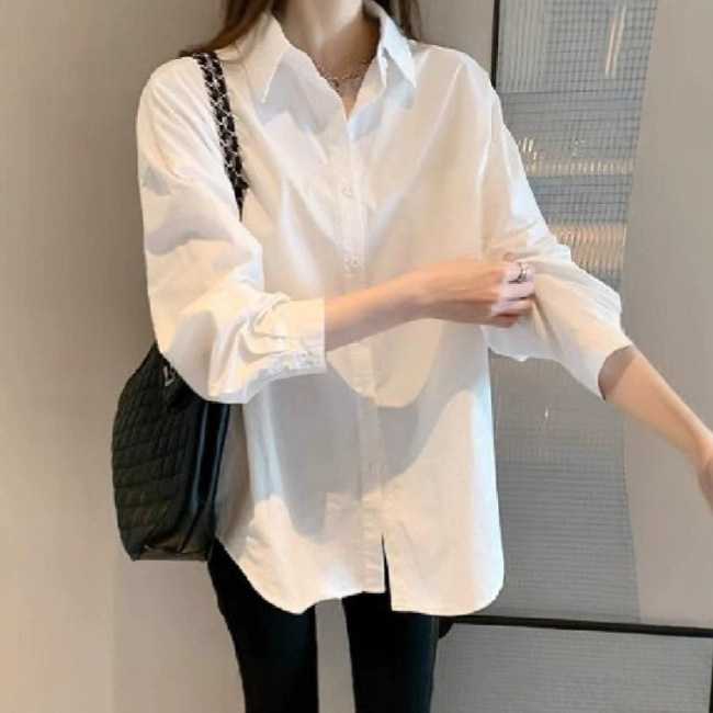 Uniform Shirt Basic Long-Sleeved White Shirt for Women New Versatile Basic Work Clothes with Retro Shirt for Women