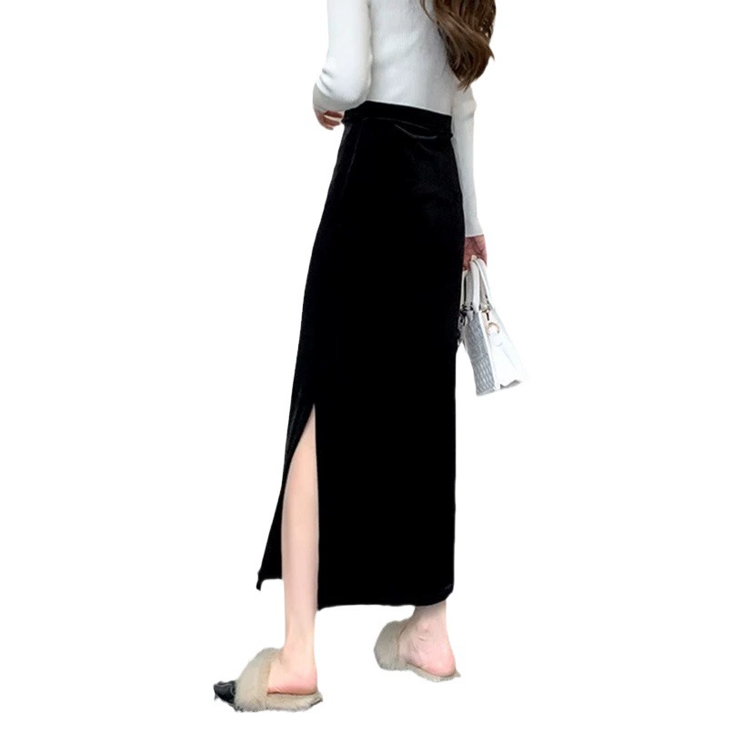 Новая бархатная юбка 2025 года, весенне-осенняя новинка, юбка с разрезом, юбка-карандаш с высокой талией во французском ретро-стиле, стройнящая фигуру.