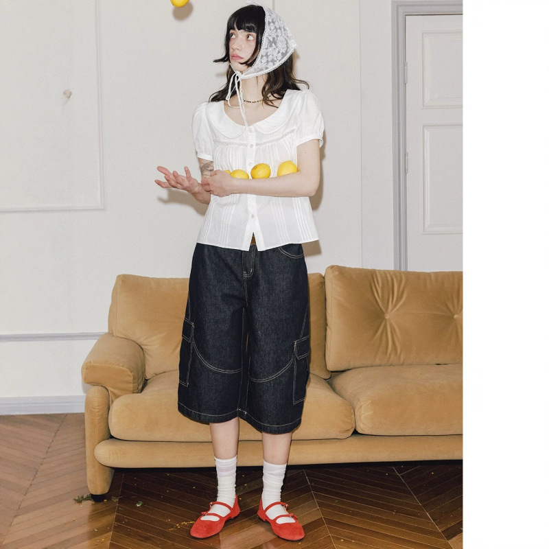 【Morning Frost and Moonlight】American Retro White Lace Trim Doll-Style Round Neck Puff Short-Sleeve Shirt 【Morning Frost and Moonlight】American Retro White Lace Trim Doll-Style Round Neck Puff Short-Sleeve Shirt