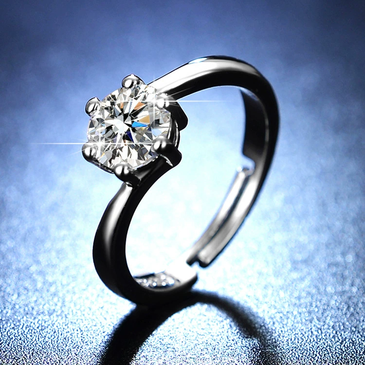 Ring one carat, adjustable open band with AAA zirconia, silver-layer plating