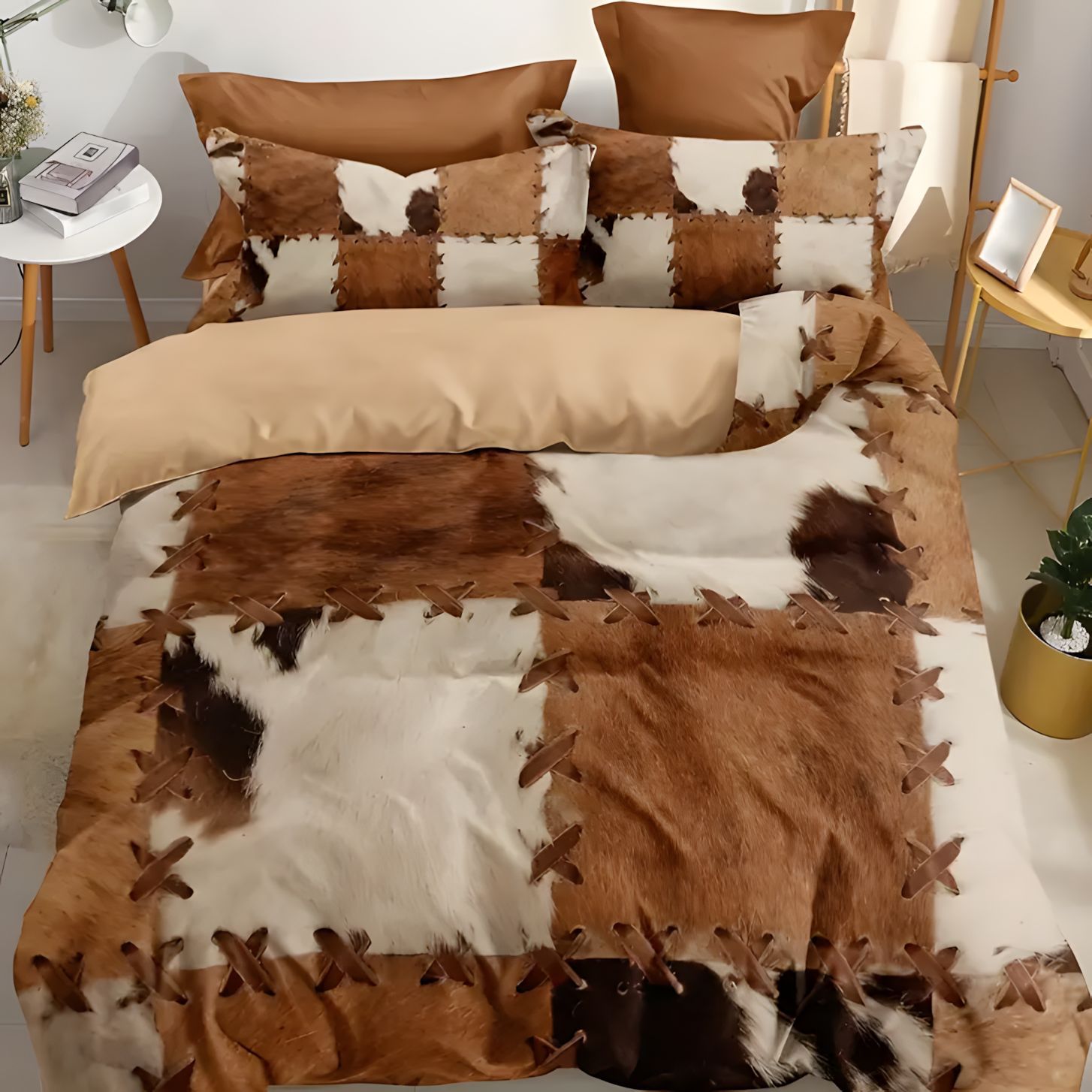 TEMU / JIT transfronterizo piel suave costura rústica kraft 3D impresión digital colcha de cama set