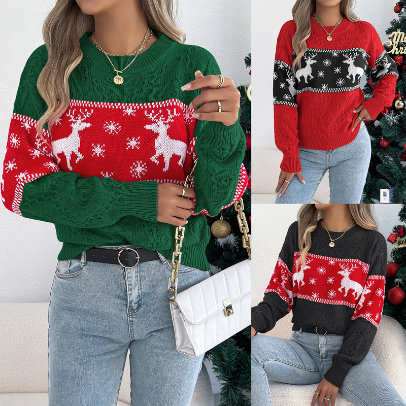 2026 Autumn/Winter European and American Color-Block Snowflake Reindeer Long-Sleeve Pullover Sweater Independent Station Cross-Border Women's Christmas Clothing