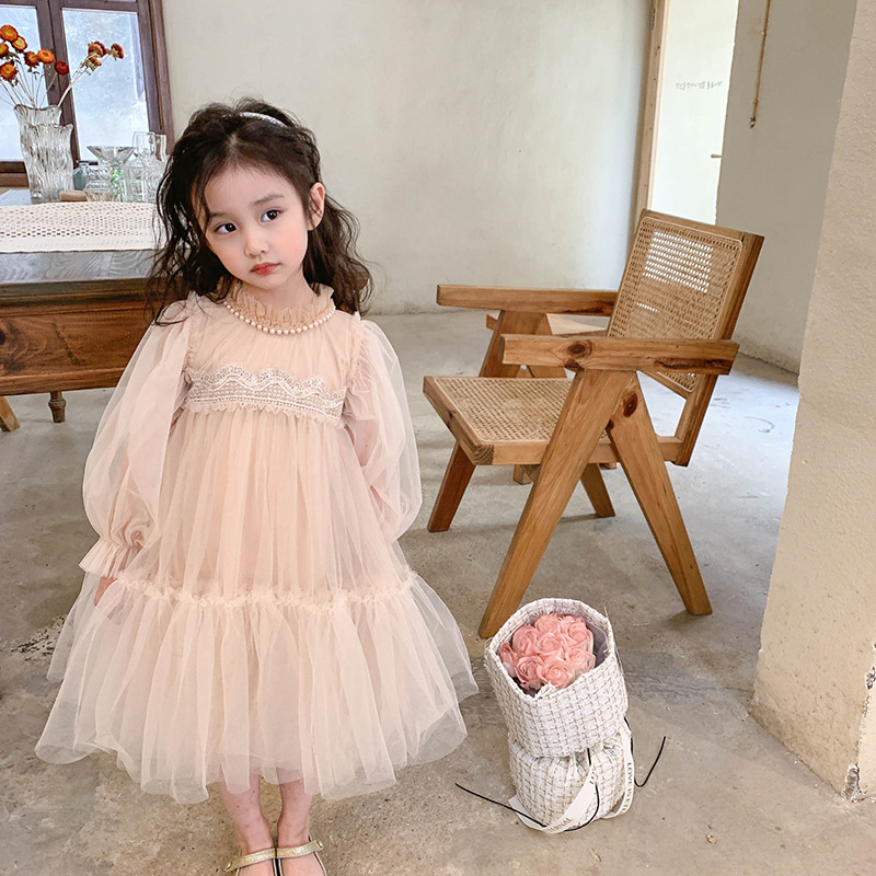 Girls' dress, spring and autumn style, 2026 new style, fashionable lace patchwork tulle princess dress for baby girls.