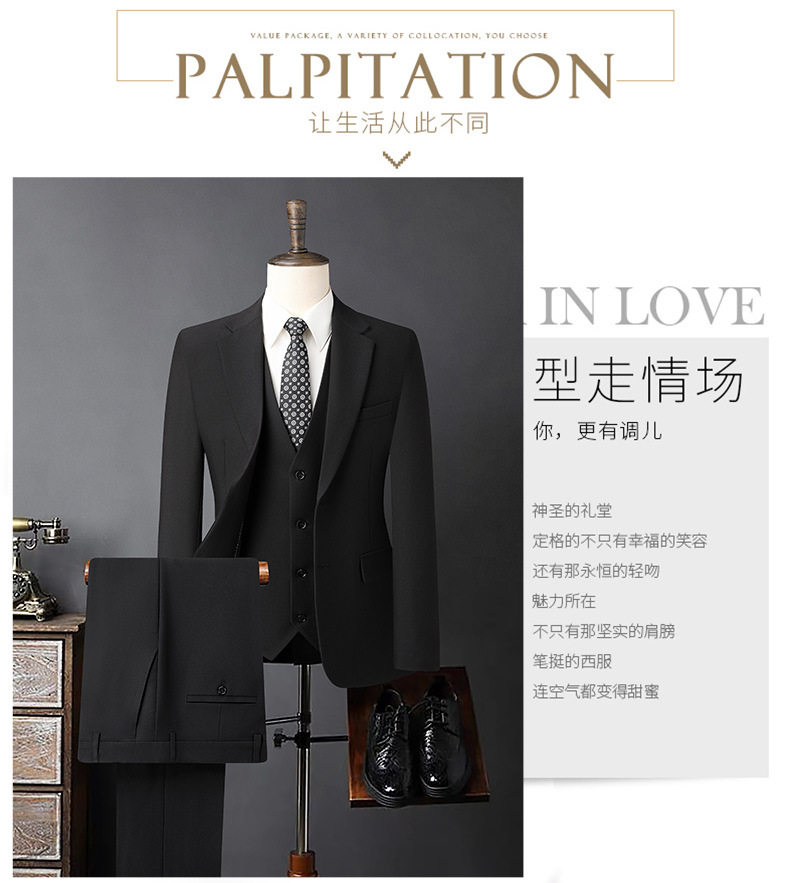 Bộ vest nam ba món vải co giãn bốn chiều, ve áo rộng, dáng ôm, phong cách công sở — Màu xanh tím than, màu xám, màu đen chi tiết 9