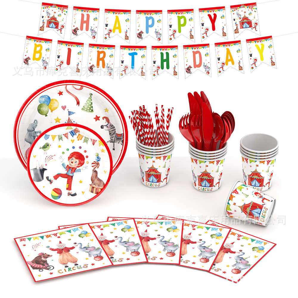 Nuevo circo tema de cumpleaños fiesta decoración carnaval bandeja de papel desechable taza de papel tira de bandera juego de decoración