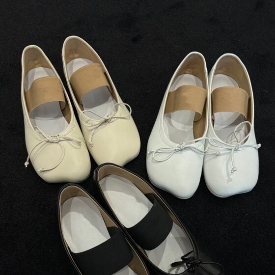 Sheepskin version ~ 2024 spring apple head frosted material Mary Jane shoes bow shallow mouth ballet flat shoes women
