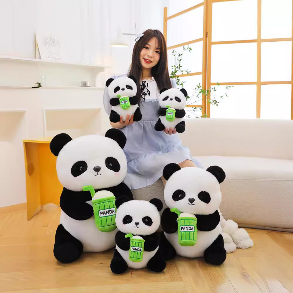 Linda simulación panda gigante muñeca peluche sosteniendo taza de té con leche muñeca muñeca regalo de cumpleaños para niños para novia