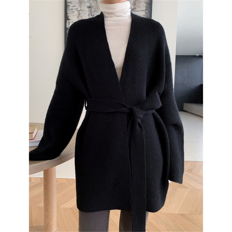 [Oportunidad real de fábrica] temporada temprana nueva solapa suéter suelto simple bata estilo cinturón suéter abrigo
