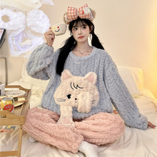 冬季新款双长圆领睡衣麦穗绒保暖舒适卡通绣花甜美可爱家居服套装