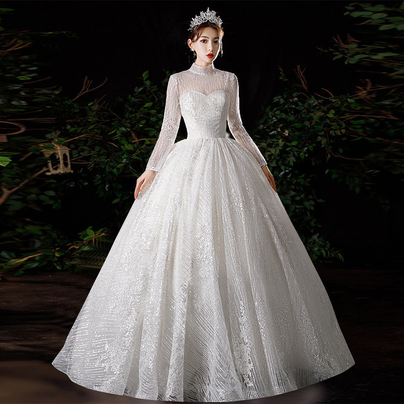 Wedding Dress 2025 New Bridal Main Yarn Small Long-sleeved Dress High Neck Slimming Elegant Floor-length Simple and Elegant Wedding Dress 2025 New Bridal Main Yarn Small Long-sleeved Dress High Neck Slimming Elegant Floor-length Simple and Elegant