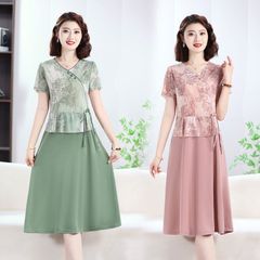 ママの夏服、中国風の婦人服、中年ファッション、新しい偽ツーピース気質サマースカート、西洋風半袖