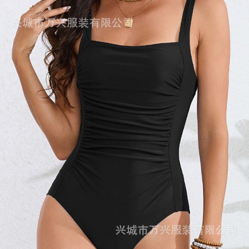  Plain Color New Hot Cross-border Amazon One-piece Swimsuit Sexy European and American Plain Color Shoulder Strap Loose Women