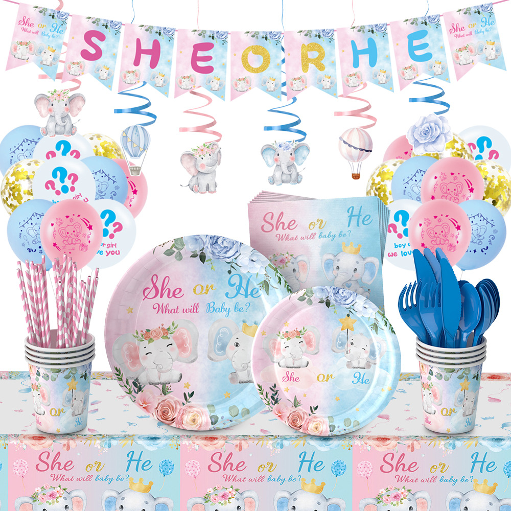 Amazon bebé género revelar partido decoración suministros niño niña plato de papel desechable taza de papel vajilla traje