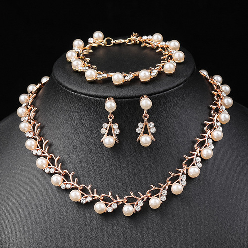 Korean style pearl necklace and earrings set bridal dress versatile accessories fashionable small fresh alloy electroplating three-piece set