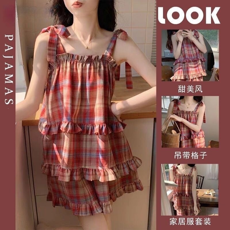 Korean Style Ins Pajamas for Women Summer Plaid Bow Suspender Shorts 2026 New Soft Home Wear Set