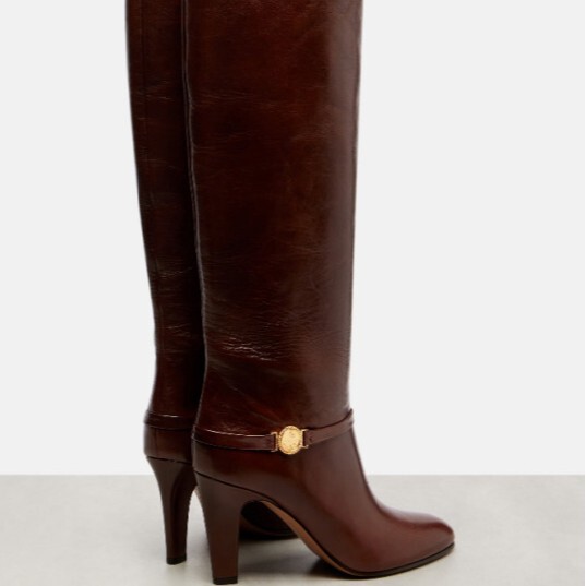 European and American Style Round-Toe Leather Knee-High Boots with Metal Buckle, Genuine Leather, Large Size 46, High-Heeled High Boots with Belt Buckle, Riding Boots