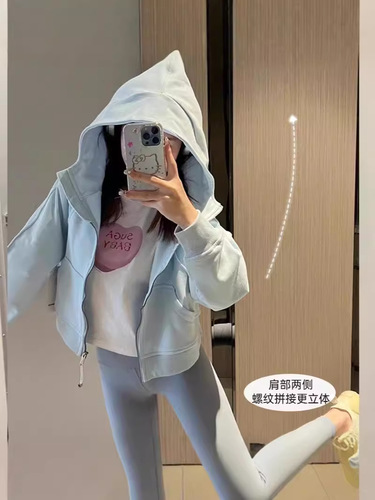 Autumn short jacket women's spring and autumn cardigan hoodie blue long-sleeved top thin casual loose lazy