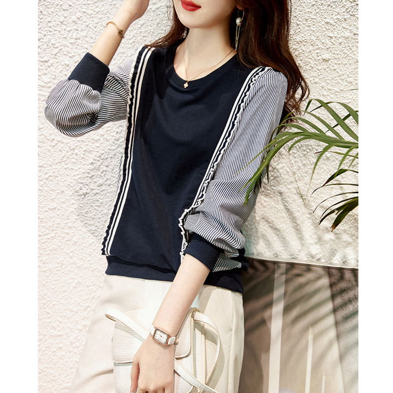 Sweater for women 2024 Spring and Autumn New Korean style contrast color stitching elegant loose round neck pullover long sleeve fake two-piece top