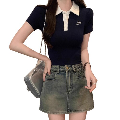 Women's Summer Polo Collar Short Sleeve T-Shirt with Unique Design, Fitted Waist Sweet and Spicy Style Top, Ins Inspired Splicing Style
