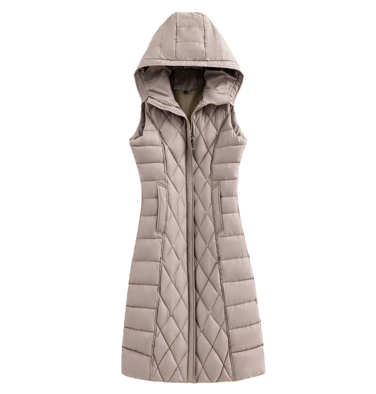 2023 autumn and winter diamond-shaped Plaid waistcoat thickened hooded outer wear vest tight waist mid-length down cotton vest for women