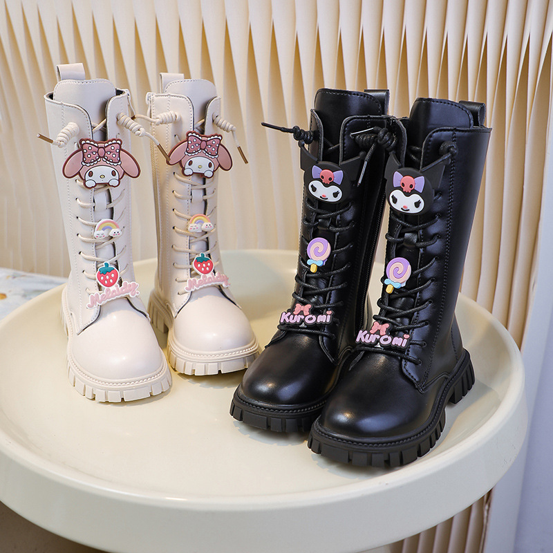 Girls' Kuromi Boots Autumn and Winter 2025 New Boots Fleece-Lined Boots Kidsren's High Boots Princess Leather Boots